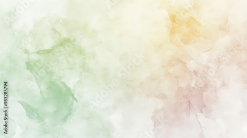 A soft and minimal watercolor abstract background with gentle blends of pale green, pastel yellow, and light lavender, forming a calming composition. photo