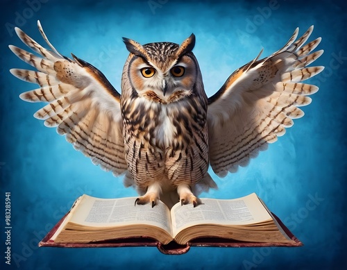 Wallpaper Mural Wisdom and education concept image with a wise owl reading a book on blue background with copy space Torontodigital.ca