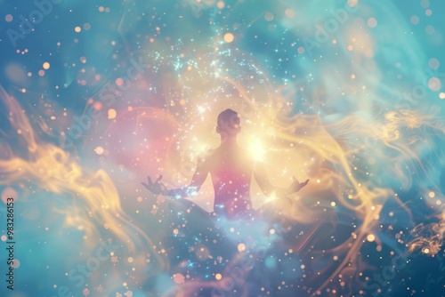 A human silhouette in a meditative pose, surrounded by ethereal light and cosmic symbols, embodying personal transformation and divine connection