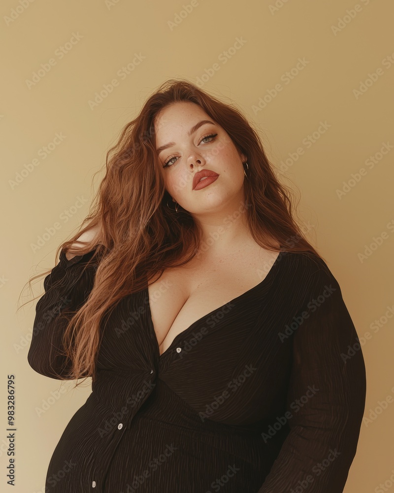 Obraz premium A young woman with long, flowing red hair poses in a black dress against a warm beige background.