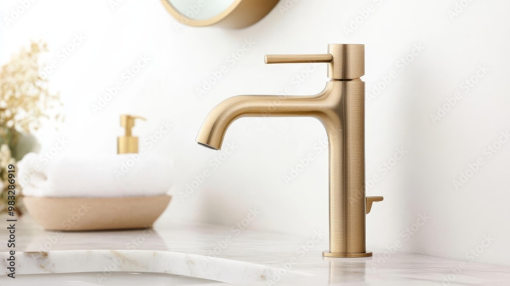 Slimline brushed brass faucet with simple curves, mounted on a marble vanity, minimalist bathroom fixtures, luxury simplicity
