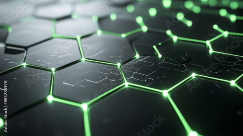 Networking-inspired background with a hexagonal grid in white and light gray, connected by glowing green lines on a sleek black backdrop.