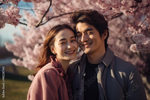 A cheerful couple smiles under blooming cherry blossoms, capturing a moment of love during a beautiful spring day.