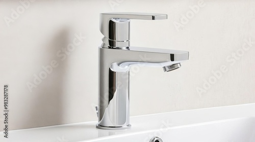 Slimline chrome faucet with seamless integration into a white ceramic sink, minimalist bathroom fixtures, clean modern look photo