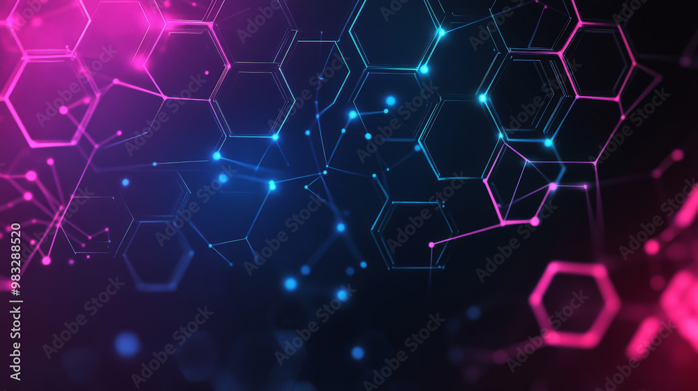 Dark gradient background transitioning from navy to black, with neon blue and pink hexagon patterns and connections representing a high-speed digital network. Dark gradient background transitioning from navy to black, with neon blue and pink hexagon patterns and connections representing a high-speed digital network.