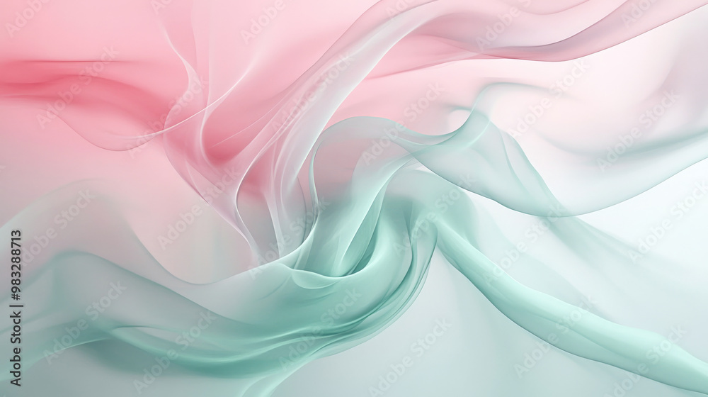 Fototapeta premium Soft trails of pastel pink and mint green smoke intertwine, creating a flowing, elegant abstract background with smooth, gentle transitions.