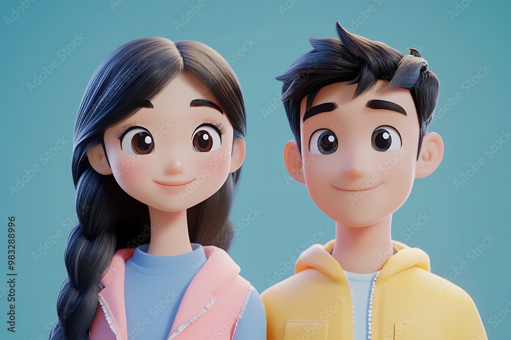Smiling cartoon couple, 3D animation, happy relationship illustration Smiling cartoon couple, 3D animation, happy relationship illustration