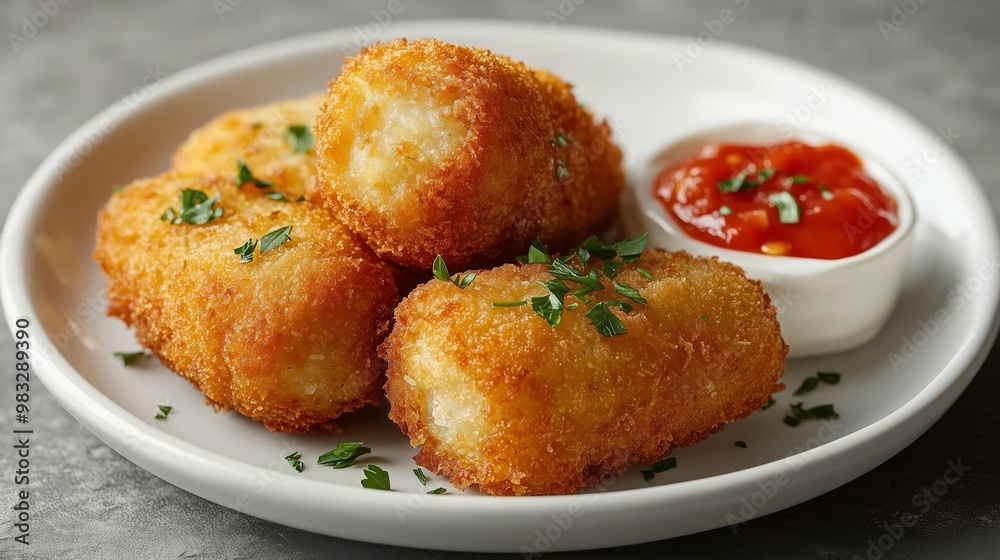 Golden-brown fried croquettes with tomato sauce and mayo, garnished with parsley, look inviting and fresh. Golden-brown fried croquettes with tomato sauce and mayo, garnished with parsley, look inviting and fresh.