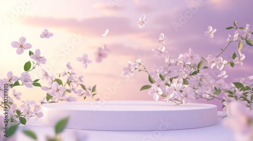 A calming 3D scene featuring a white podium with delicate jasmine flowers falling in the breeze, against a light lavender sky backdrop, ideal for a tranquil display.