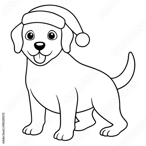 coloring page for kids, bold line art, Christmas dog with in a Santa clue hat