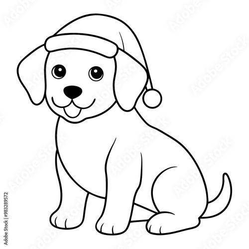 coloring page for kids, bold line art, Christmas dog with in a Santa clue hat