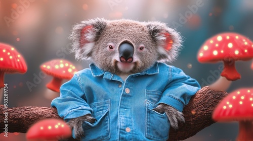 A playful koala wearing a denim jacket, surrounded by vibrant mushrooms in a whimsical forest setting. photo