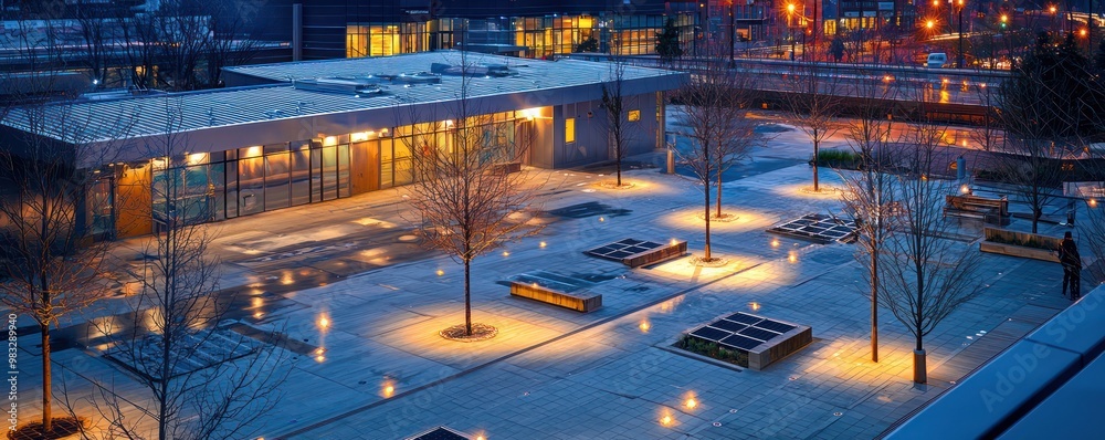 Fototapeta premium An aluminum siding installation in a city square, featuring solar-powered lighting that illuminates the area at night, enhancing safety and adding a modern aesthetic to the urban landscape