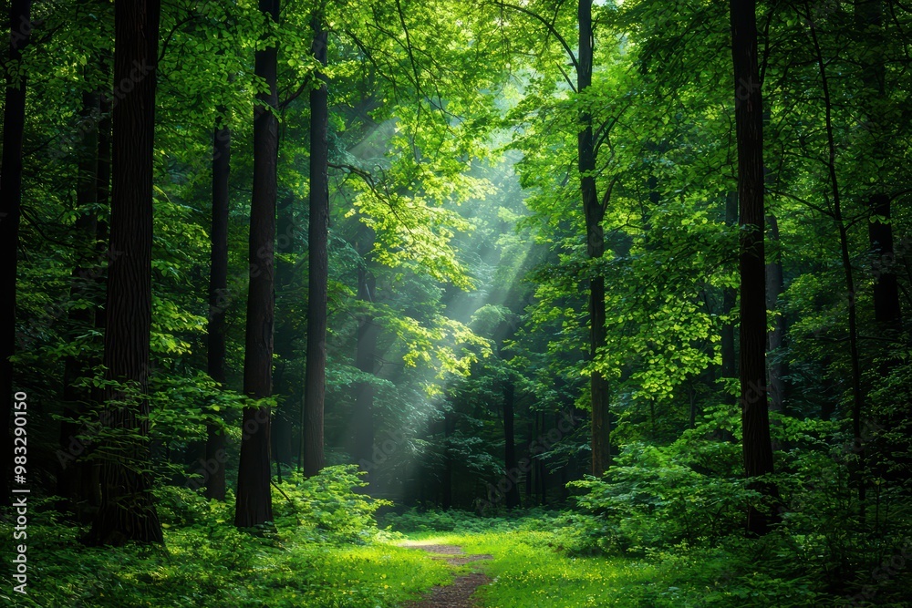 A serene forest path bathed in sunlight, surrounded by lush green trees and foliage, perfect for nature lovers and outdoor enthusiasts. A serene forest path bathed in sunlight, surrounded by lush green trees and foliage, perfect for nature lovers and outdoor enthusiasts.