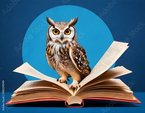 Wallpaper Mural Wisdom and education concept image with a wise owl reading a book on blue background with copy space Torontodigital.ca