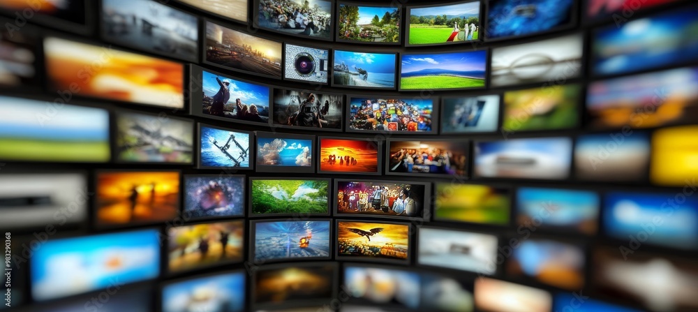 Streaming Media Grid With Diverse Video Content, Entertainment Technology And Digital Media Concept Streaming Media Grid With Diverse Video Content, Entertainment Technology And Digital Media Concept