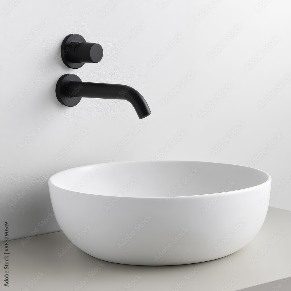 Wall-mounted faucet in matte black above a minimalist white sink, minimalist bathroom fixtures, modern sleek design Wall-mounted faucet in matte black above a minimalist white sink, minimalist bathroom fixtures, modern sleek design