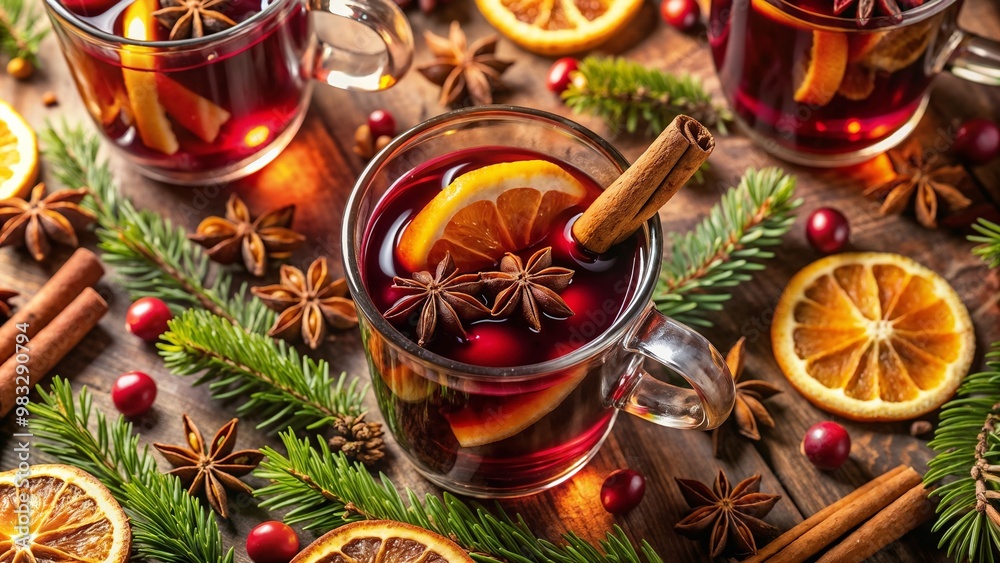 Mulled wine with spices and citrus on wooden table, festive arrangement, winter drink Mulled wine with spices and citrus on wooden table, festive arrangement, winter drink