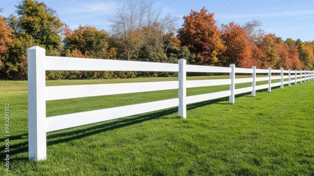 A beautiful horse pasture features a white wooden fence, surrounded by colorful trees in vibrant fall hues against a backdrop of rolling hills under a cloudy sky A beautiful horse pasture features a white wooden fence, surrounded by colorful trees in vibrant fall hues against a backdrop of rolling hills under a cloudy sky