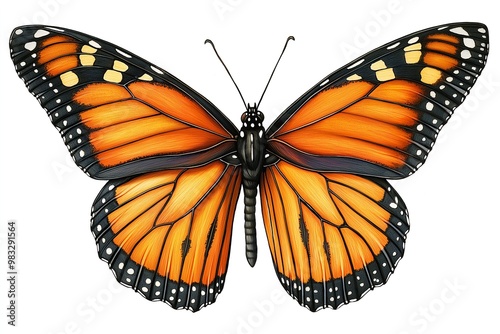 Detailed scientific illustration of a monarch butterfly showcasing its vibrant colors and patterns photo