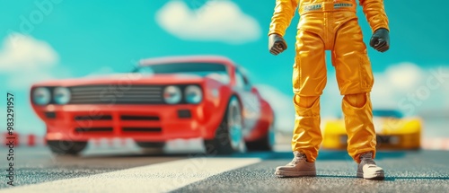 A vibrant scene featuring a race car driver in yellow attire standing before classic sports cars on a sunny racetrack.