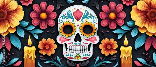 A vibrant sugar skull design adorned with colorful flowers and candles, celebrating the Day of the Dead tradition. photo