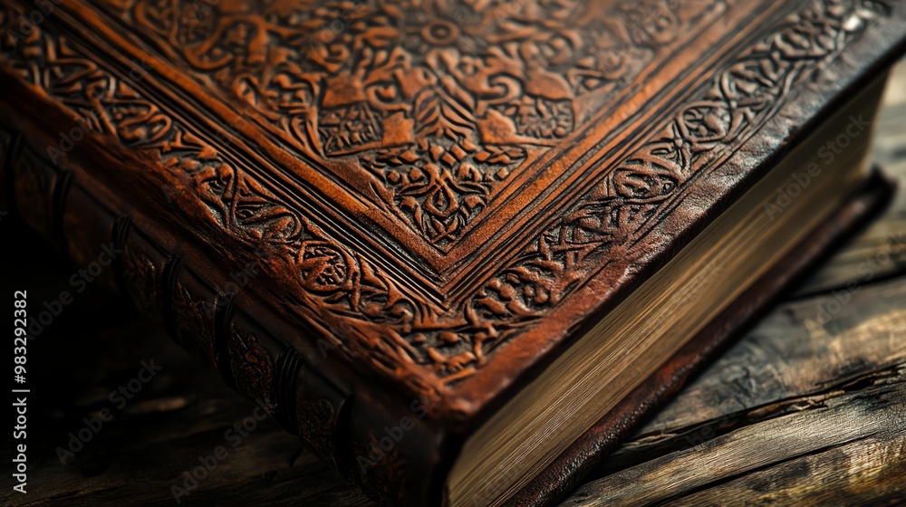 Close-up of an ancient leather-bound book with intricate carvings on the cover. Close-up of an ancient leather-bound book with intricate carvings on the cover.