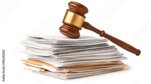 A wooden gavel rests on a stack of legal documents, symbolizing justice and law in a courtroom setting. photo