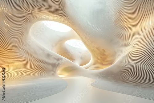 An abstract background featuring smooth, flowing shapes with white and gold tones, creating a serene atmosphere with geometric patterns