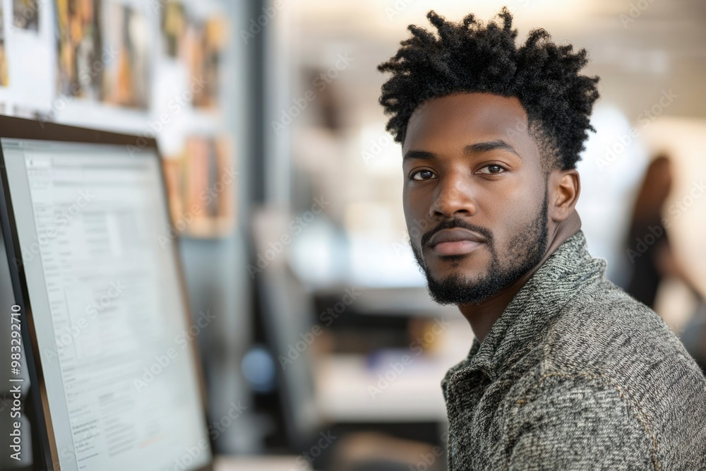 A young man with an afro and beard looks away from the computer screen in a modern office A young man with an afro and beard looks away from the computer screen in a modern office