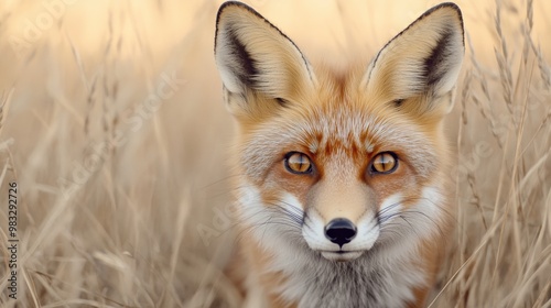 A close up of a fox in tall grass with yellow eyes, AI