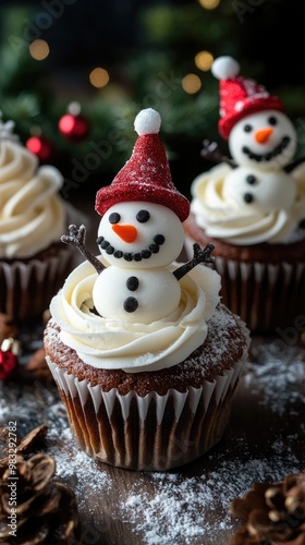 vertical format, Festive winter-themed cupcakes featuring adorable snowmen with hats and smiles, perfect for holiday celebrations and gatherings