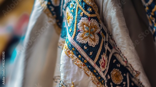 A close-up of intricate embroidery on moroccan djellaba