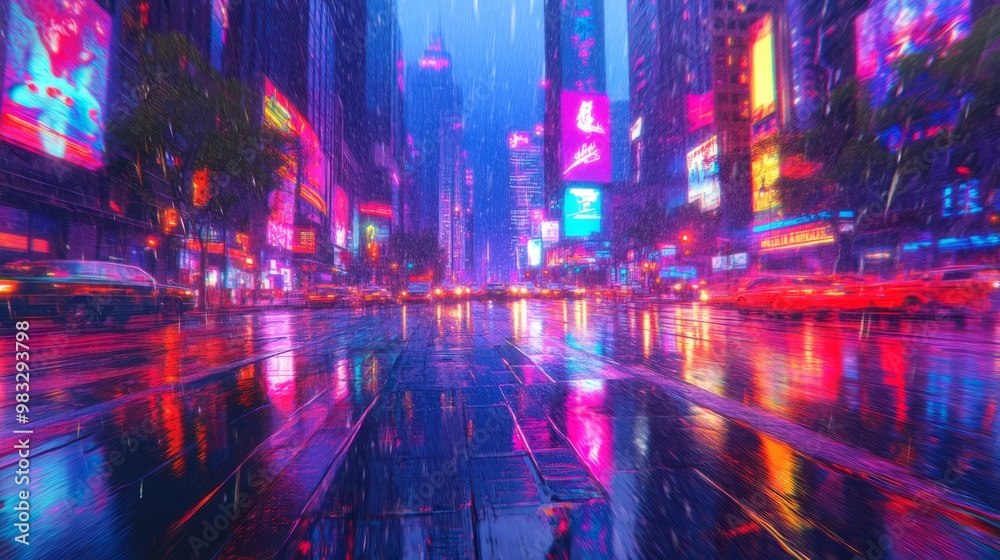 Vibrant Neon Lights in a Rainy Urban Setting Vibrant Neon Lights in a Rainy Urban Setting
