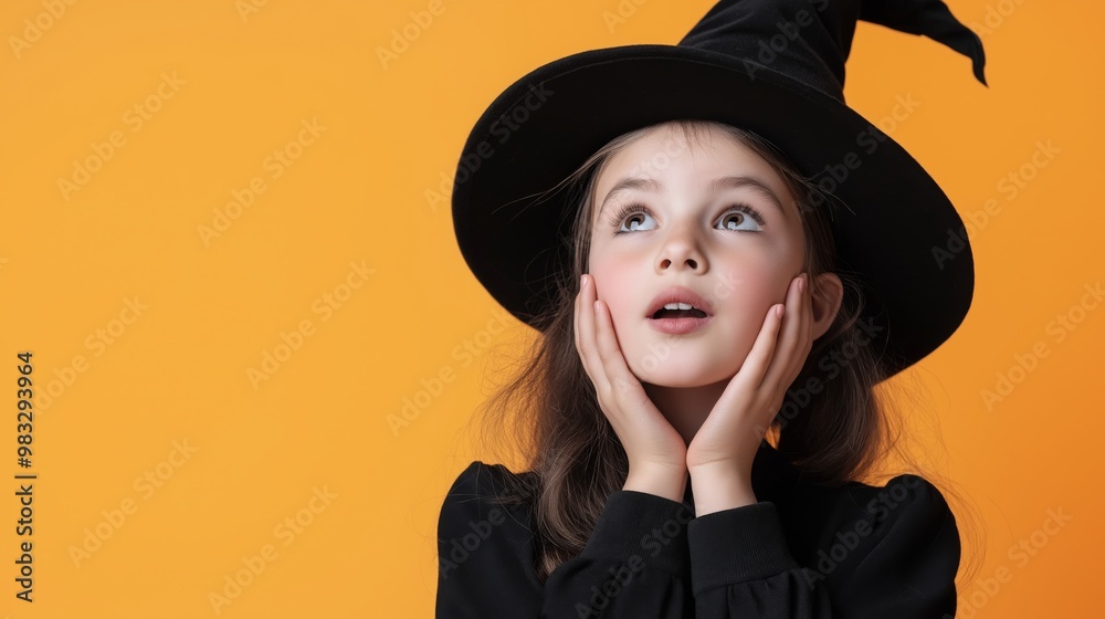 young girl in a witch costume and black hat, isolated on an orange background, with a surprised expression perfect for Halloween concept designs or text banner layouts young girl in a witch costume and black hat, isolated on an orange background, with a surprised expression perfect for Halloween concept designs or text banner layouts