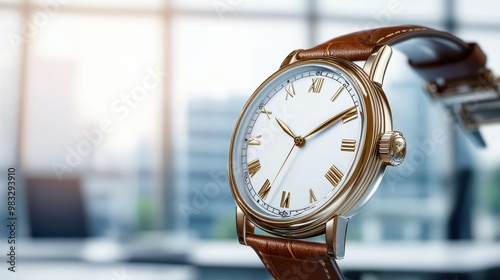 Elegant brown leather watch on a desk with a modern office background. Perfect for showcasing timepieces and luxury. photo