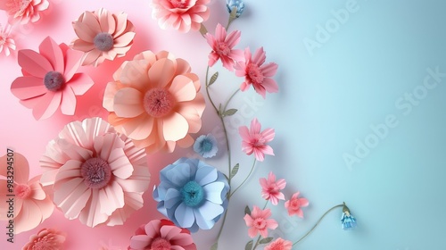 Floral frame background of Plain light blue paper structure background with blank copy space in the middle, on top of the background are smller and bigger daisy blossoms scatterd arround  photo