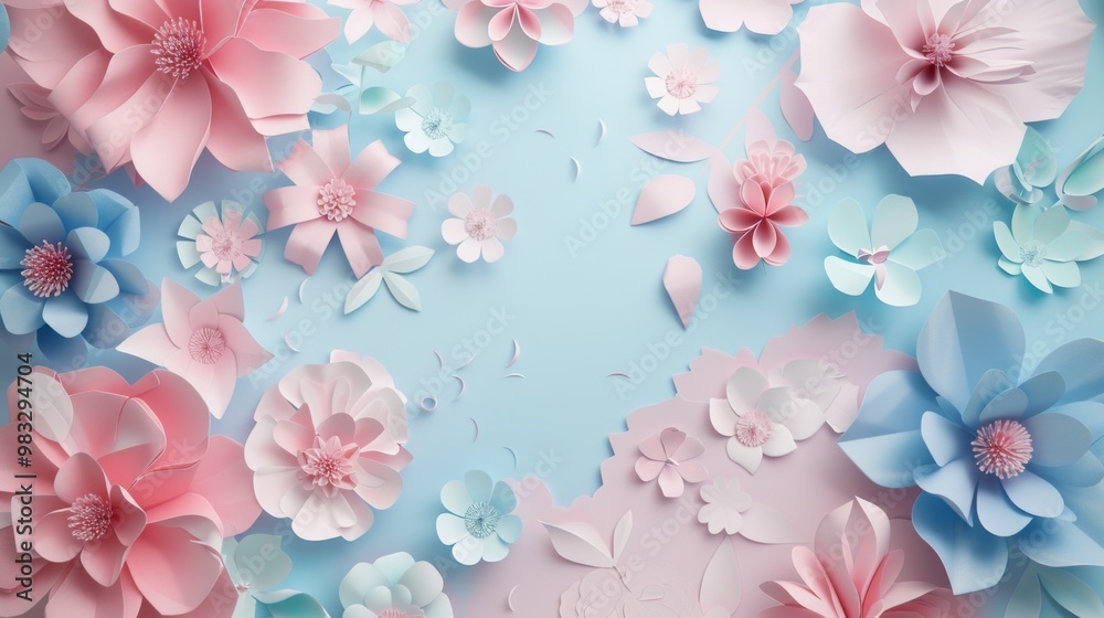 Floral frame background of Plain light blue paper structure background with blank copy space in the middle, on top of the background are smller and bigger daisy blossoms scatterd arround Floral frame background of Plain light blue paper structure background with blank copy space in the middle, on top of the background are smller and bigger daisy blossoms scatterd arround