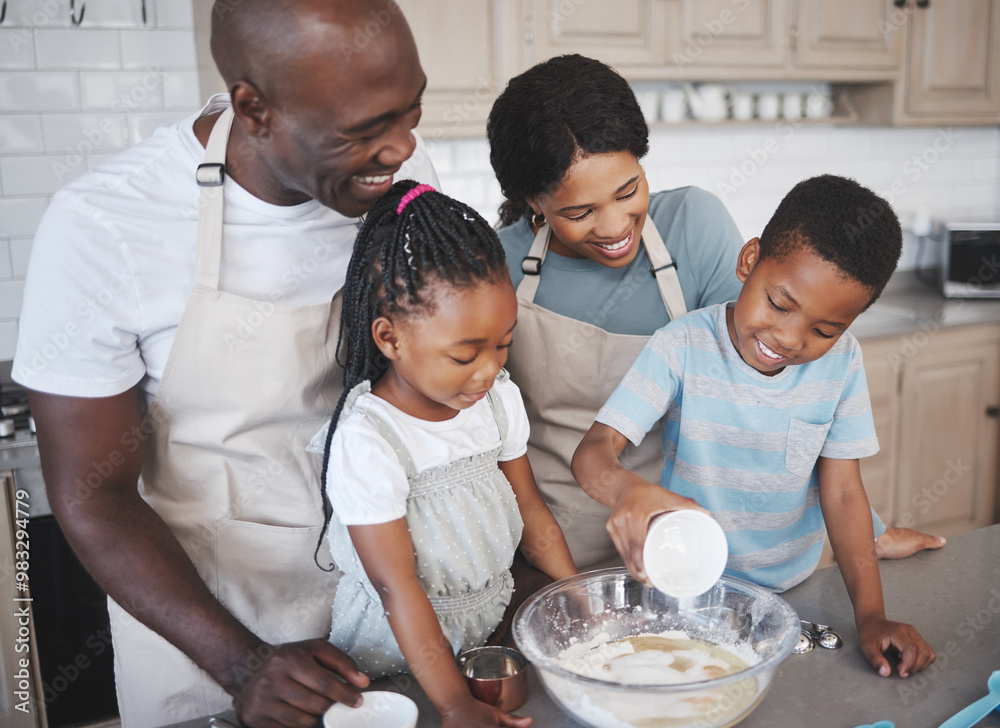 Baking, happy and black family in kitchen for bonding, learning and skill development in home. Mixing bowl, ingredients and African parents teaching children to cook for growth and fun at house. Baking, happy and black family in kitchen for bonding, learning and skill development in home. Mixing bowl, ingredients and African parents teaching children to cook for growth and fun at house.
