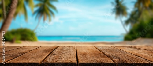 Serene beach view featuring a wooden table in the foreground, perfect for showcasing products or relaxing vibes.