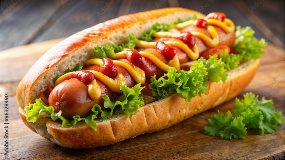 Delicious hot dog in a bun with lettuce, mustard, and ketchup, appealing food presentation, wooden background Delicious hot dog in a bun with lettuce, mustard, and ketchup, appealing food presentation, wooden background