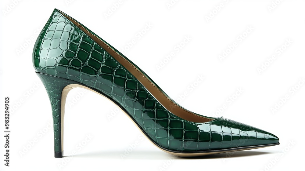 A pair of emerald pointy-toe women's shoes with high heels, isolated on a white background. These green stiletto heels feature a luxurious crocodile skin leather texture, combining elegance with bold A pair of emerald pointy-toe women's shoes with high heels, isolated on a white background. These green stiletto heels feature a luxurious crocodile skin leather texture, combining elegance with bold