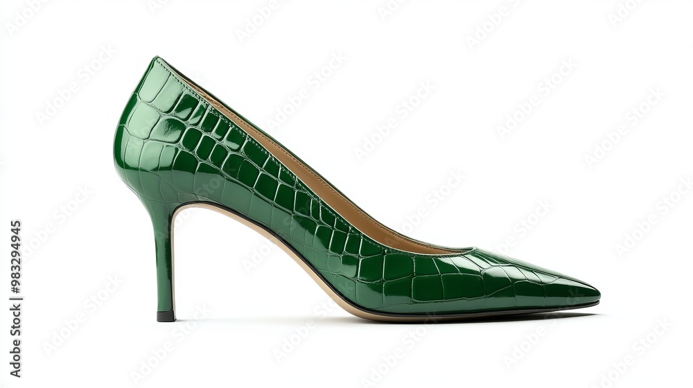 A pair of emerald pointy-toe women's shoes with high heels, isolated on a white background. These green stiletto heels feature a luxurious crocodile skin leather texture, combining elegance with bold A pair of emerald pointy-toe women's shoes with high heels, isolated on a white background. These green stiletto heels feature a luxurious crocodile skin leather texture, combining elegance with bold