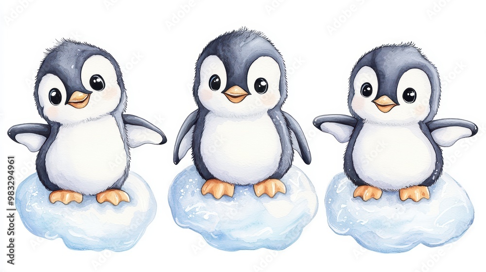 Fototapeta premium Three adorable penguins perched on fluffy clouds, perfect for children's illustrations or winter-themed designs.