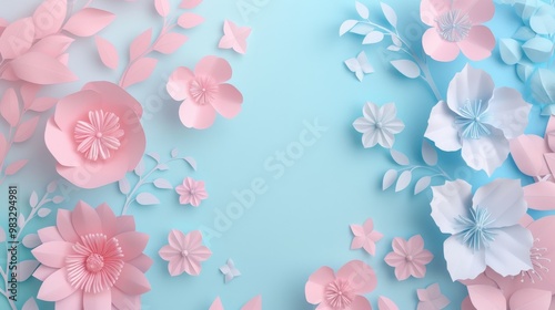 Floral frame background of Plain light blue paper structure background with blank copy space in the middle, on top of the background are smller and bigger daisy blossoms scatterd arround  photo