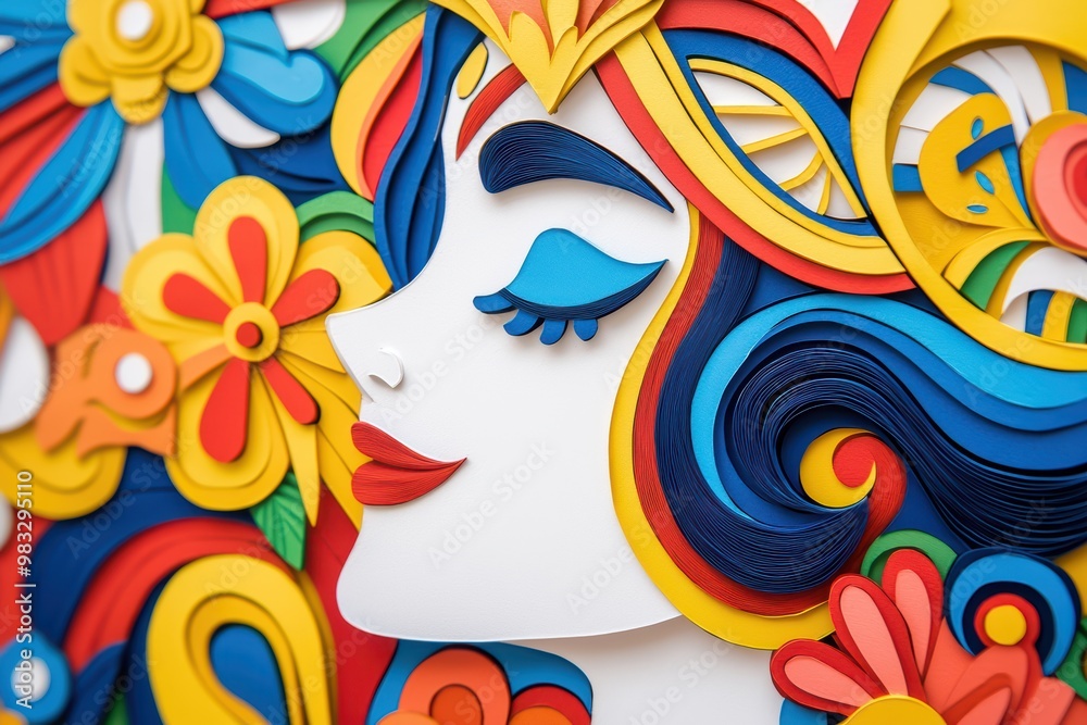 Vibrant paper art featuring a stylized woman surrounded by colorful floral elements, showcasing creativity and craftsmanship. Vibrant paper art featuring a stylized woman surrounded by colorful floral elements, showcasing creativity and craftsmanship.