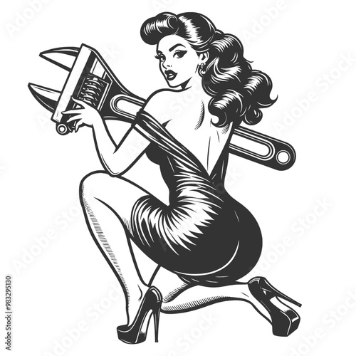 pin-up woman in an elegant dress with large wrench, femininity with industrial sketch engraving generative ai fictional character vector illustration. Scratch board imitation. Black and white image.