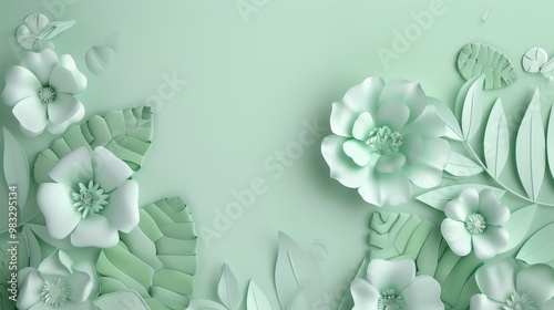 Floral frame background of Plain light blue paper structure background with blank copy space in the middle, on top of the background are smller and bigger daisy blossoms scatterd arround  photo