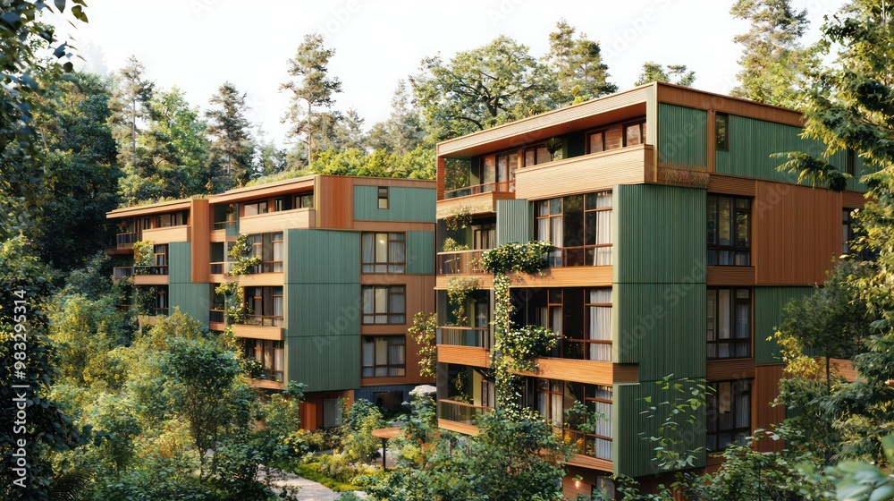 An eco-friendly residential complex with multi-layered green and brown fiber cement siding, designed to blend into a forested backdrop