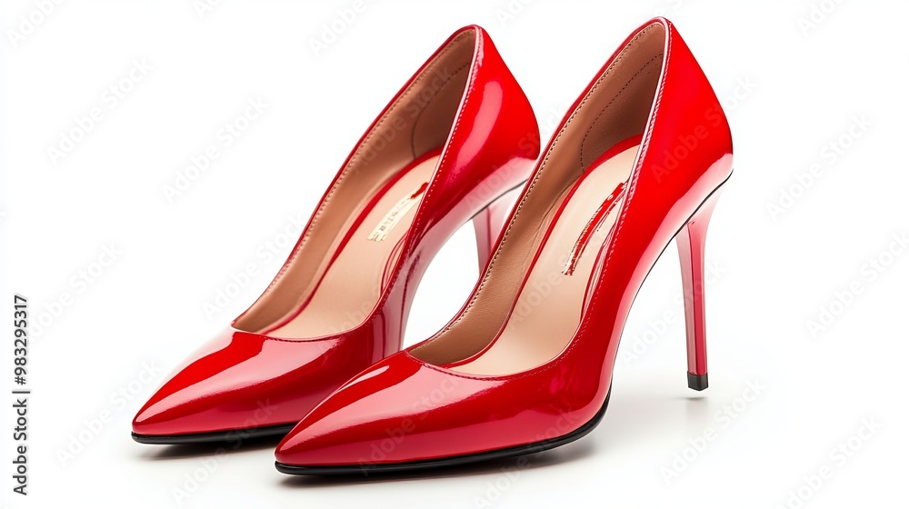 A pair of red women's high-heeled shoes displayed against a white background. The striking red color stands out, emphasizing the shoes' elegant and bold design.
A pair of red women's high-heeled shoes displayed against a white background. The striking red color stands out, emphasizing the shoes' elegant and bold design.